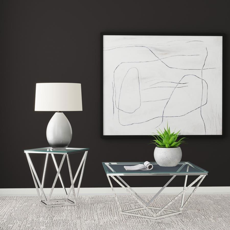 BRITTANIA SQUARE GLASS TOP GEOMETRIC END TABLE NICKEL - Image 7