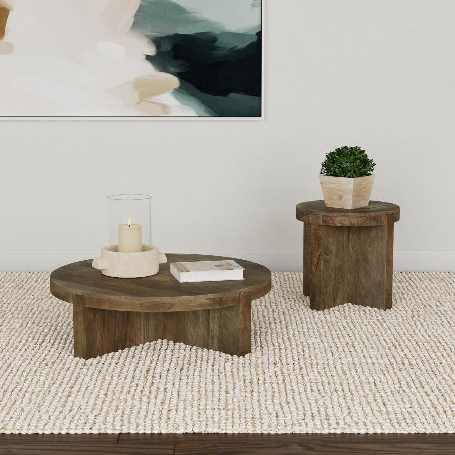 KINKAID 2-PIECE SOLID WOOD COFFEE AND END TABLE SET BROWN