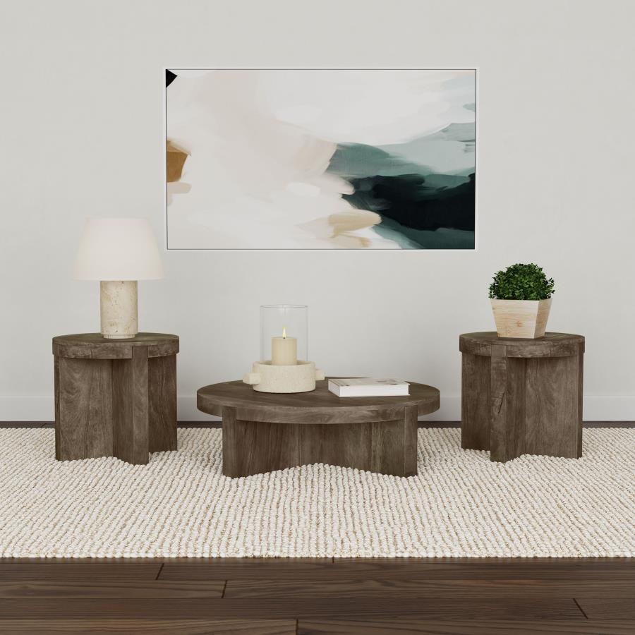 KINKAID 3-PIECE SOLID WOOD COFFEE AND END TABLE SET BROWN
