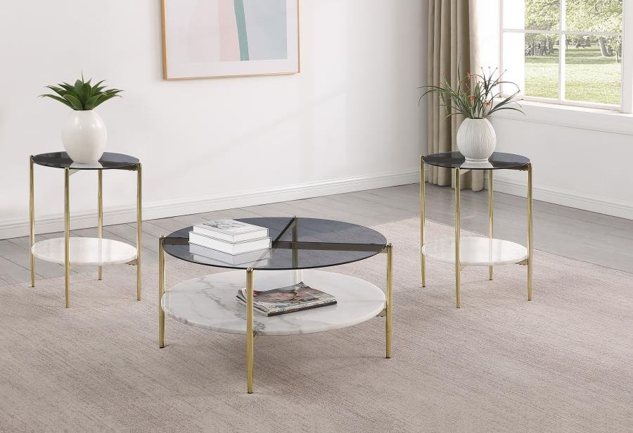 JONELLE 3-PIECE ROUND COFFEE AND END TABLE SET GOLD