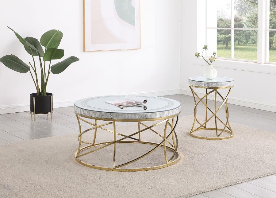 ELISE 2-PIECE ROUND MIRROR TOP COFFEE AND END TABLE SET GOLD