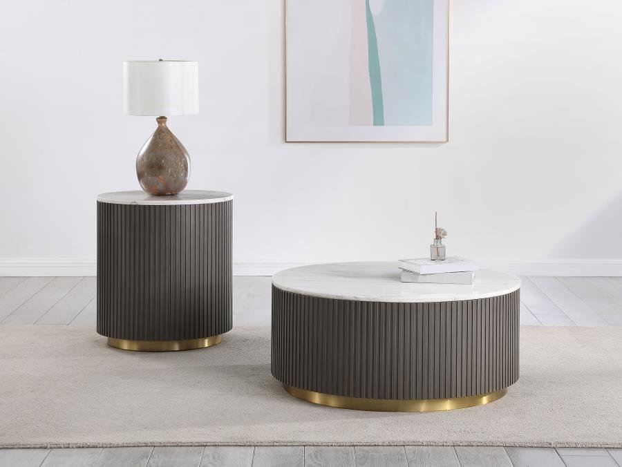 JASON 2-PIECE ROUND MARBLE COFFEE AND END TABLE SET WHITE
