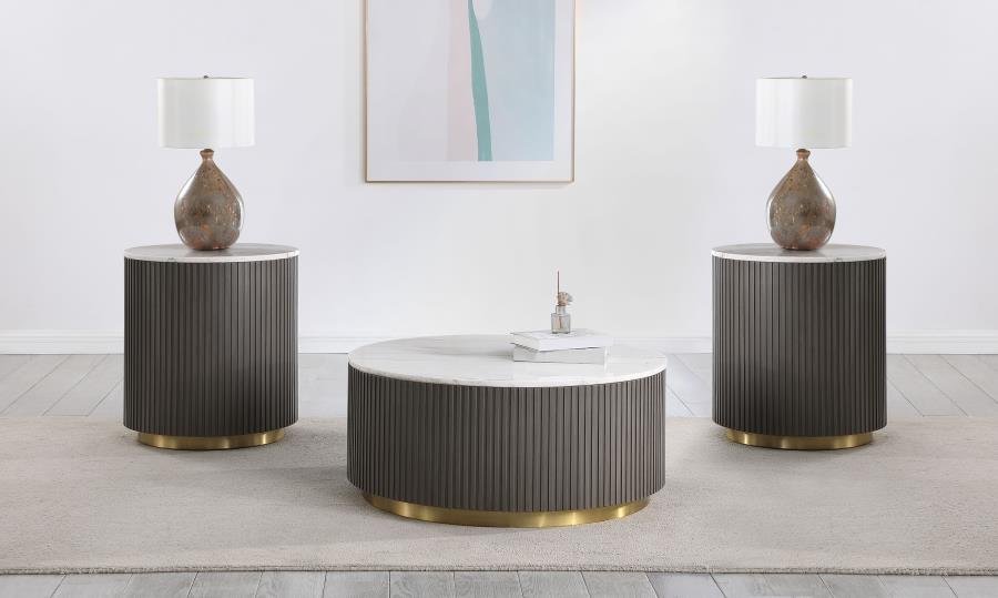 JASON 3-PIECE ROUND MARBLE COFFEE AND END TABLE SET WHITE