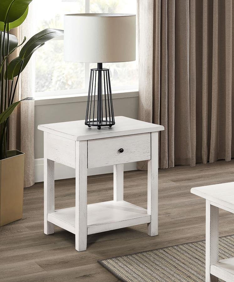 PAYNE 1-DRAWER WOOD END TABLE WITH SHELF DISTRESSED WHITE - Image 2