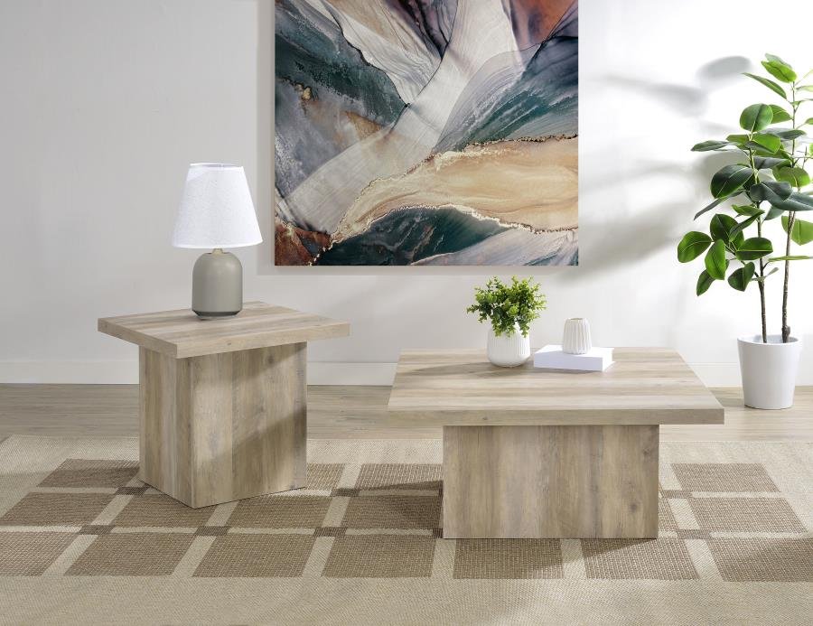 DEVAR 2-PIECE SQUARE COFFEE END TABLE SET DISTRESSED PINE