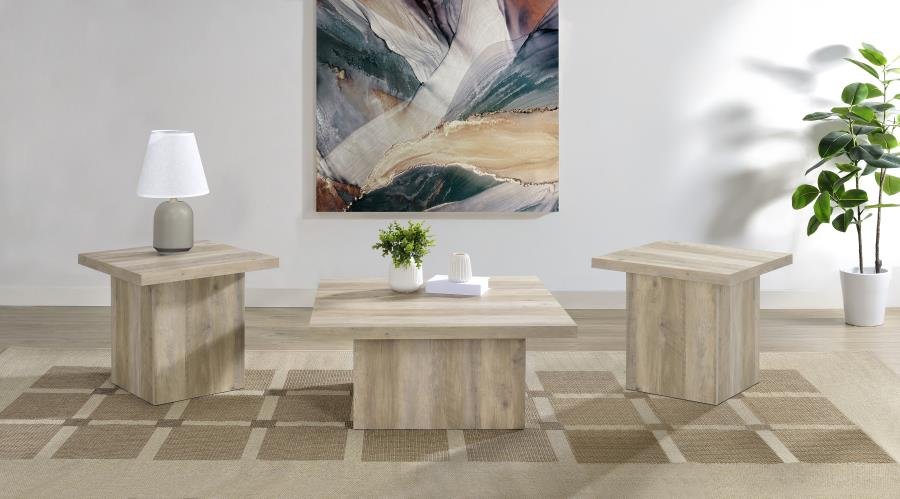 DEVAR 3-PIECE SQUARE COFFEE END TABLE SET DISTRESSED PINE