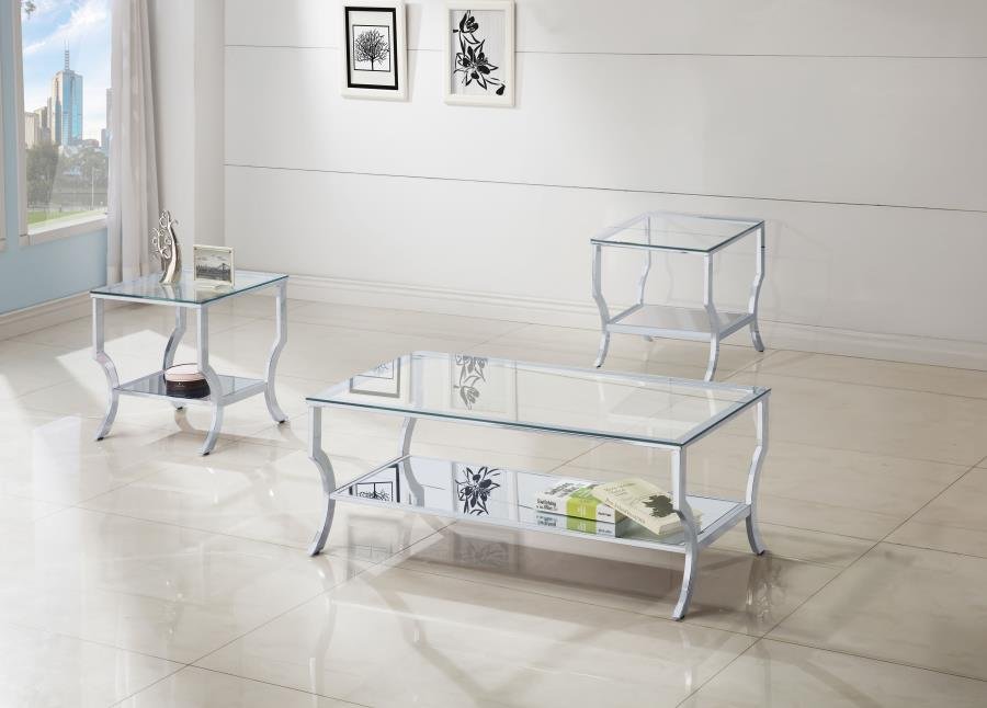 SAIDE 3-PIECE GLASS TOP COFFEE AND END TABLE SET CHROME