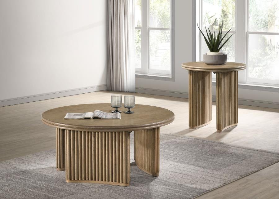 ADINA 2-PIECE ROUND COFFEE TABLE SET DISTRESSED LIGHT BROWN