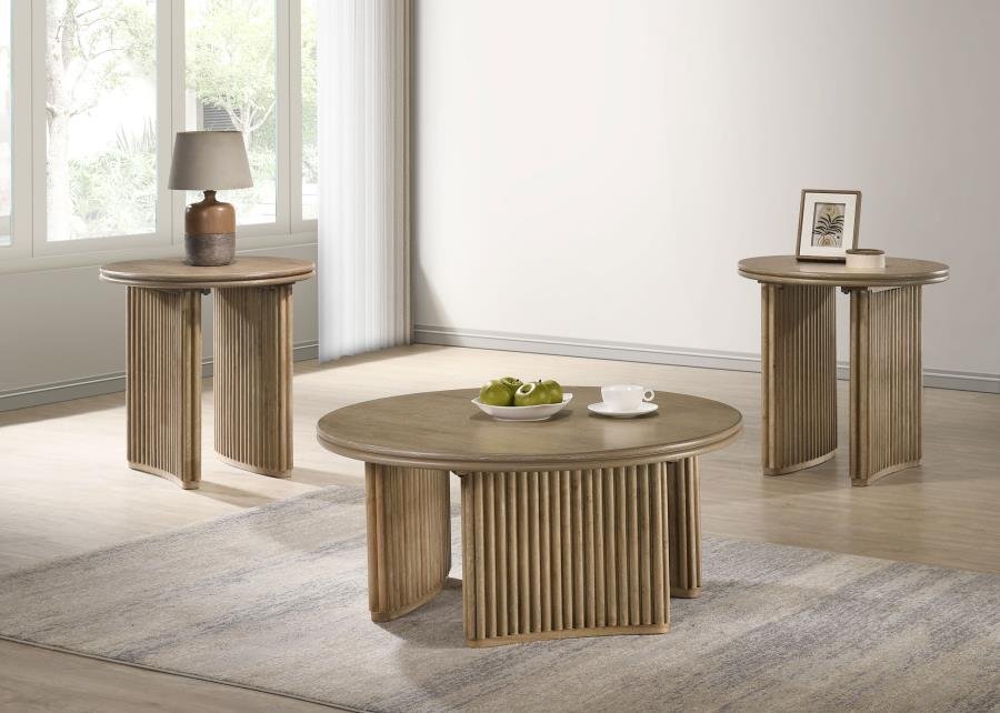 ADINA 3-PIECE ROUND COFFEE TABLE SET DISTRESSED LIGHT BROWN