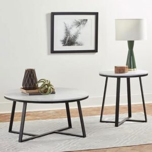 HUGO 2-PIECE COFFEE AND END TABLE SET WHITE FAUX MARBLE