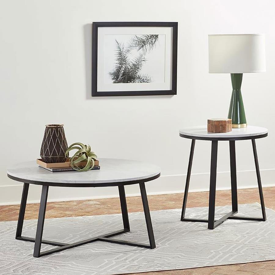HUGO 2-PIECE COFFEE AND END TABLE SET WHITE FAUX MARBLE