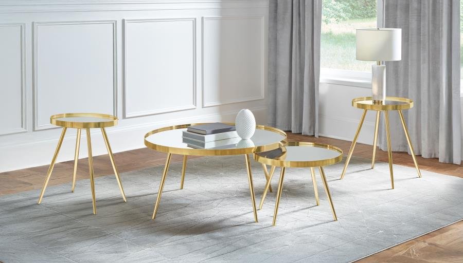 KAELYN 4-PIECE ROUND COFFEE AND END TABLE SET GOLD