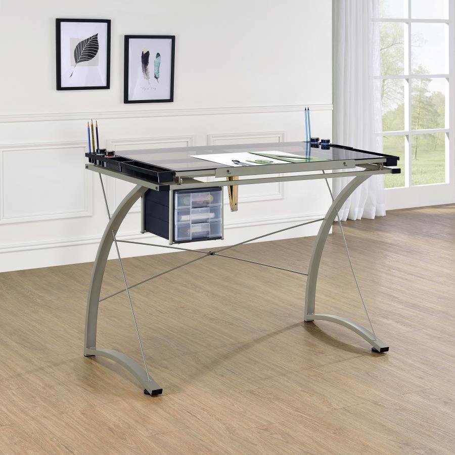 MELO 41-INCH GLASS TOP DRAFTING TABLE WITH STORAGE SILVER - Image 2