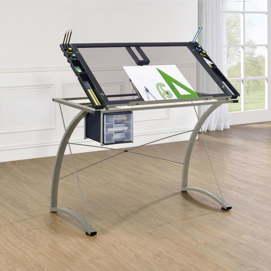 MELO 41-INCH GLASS TOP DRAFTING TABLE WITH STORAGE SILVER - Image 3