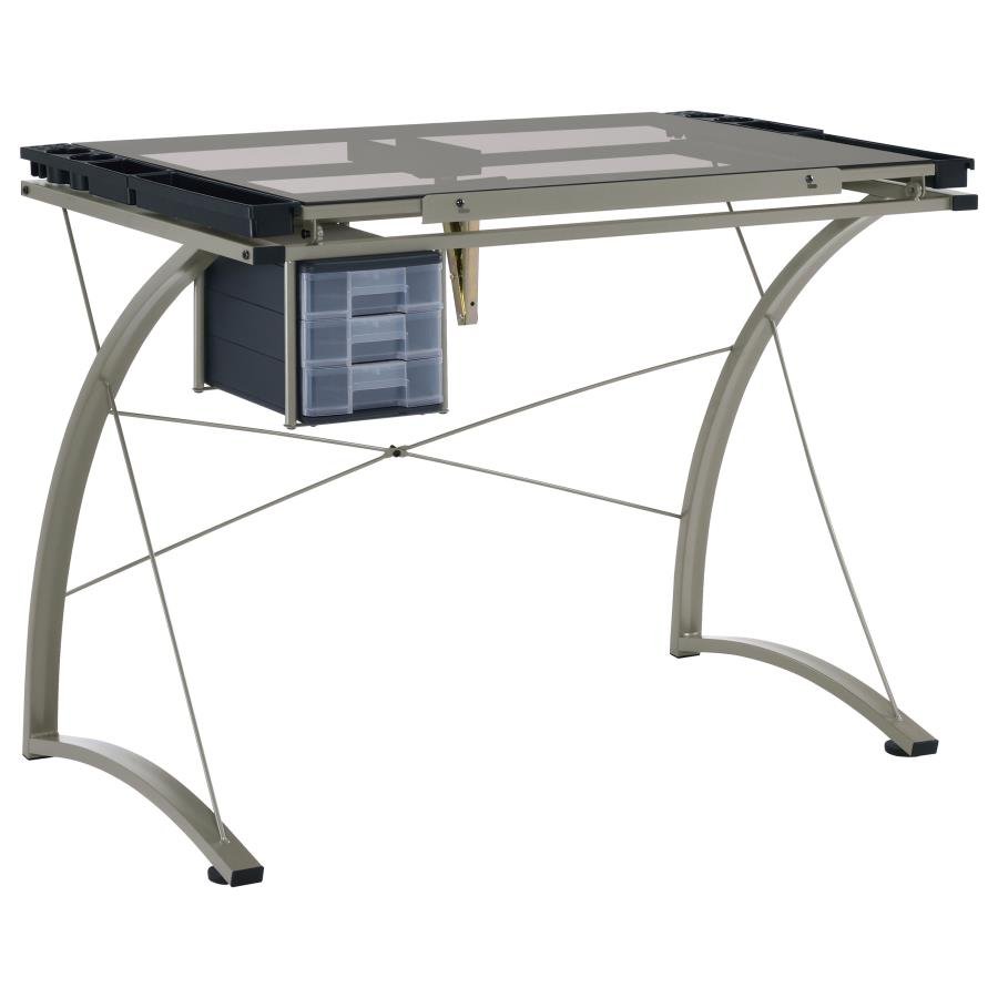 MELO 41-INCH GLASS TOP DRAFTING TABLE WITH STORAGE SILVER