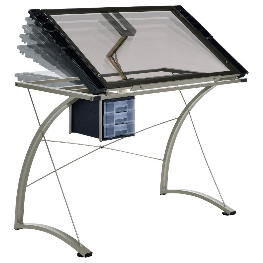 MELO 41-INCH GLASS TOP DRAFTING TABLE WITH STORAGE SILVER - Image 4