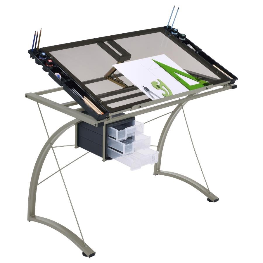 MELO 41-INCH GLASS TOP DRAFTING TABLE WITH STORAGE SILVER - Image 5