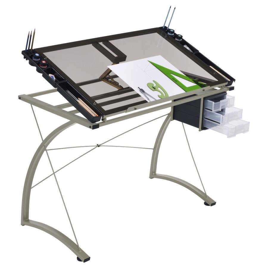 MELO 41-INCH GLASS TOP DRAFTING TABLE WITH STORAGE SILVER - Image 6