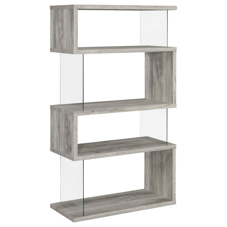 EMELLE 63-INCH 4-SHELF GLASS PANEL BOOKSHELF GREY DRIFTWOOD
