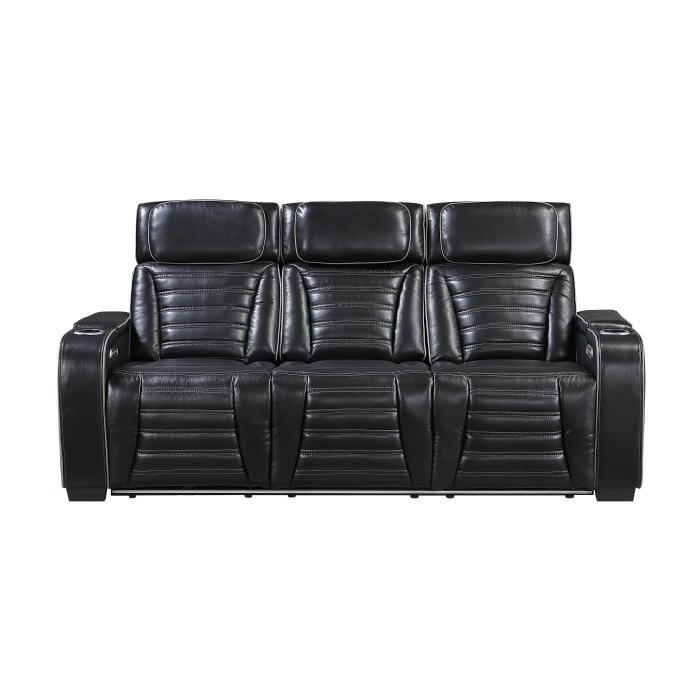 8344BLK-3PWHM Power Double Reclining Sofa with Center Drop-Down Cup Holders, Power Headrests,? Storage Arms(Top and Side) ,Cup holders, Reading Lights, Wireless Charger, Air Massage, Heat,? LED Lighting and Charging Ports