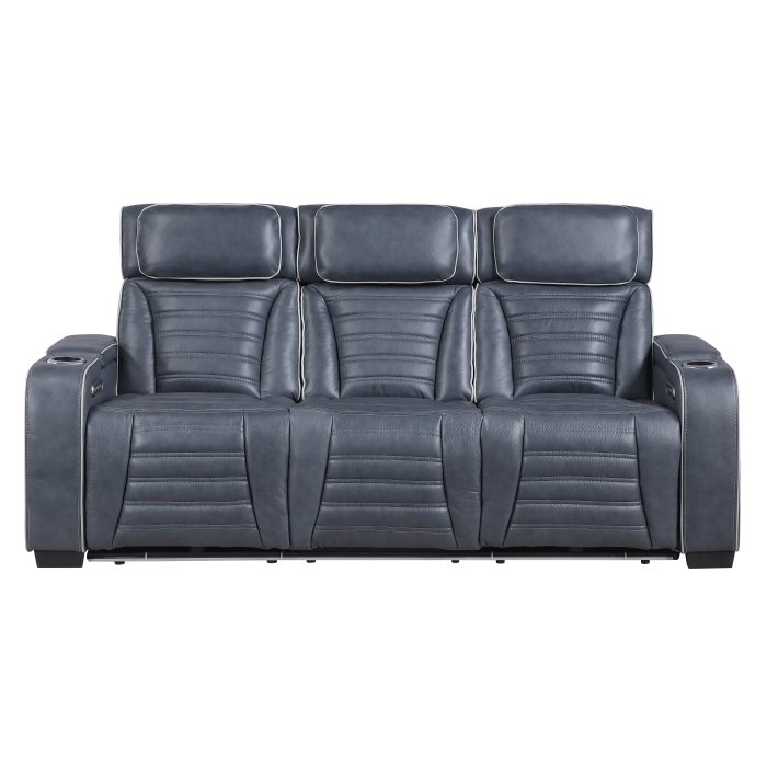 8344BUE-3PWHM Power Double Reclining Sofa with Center Drop-Down Cup Holders, Power Headrests,? Storage Arms(Top and Side) ,Cup holders, Reading Lights, Wireless Charger, Air Massage, Heat,? LED Lighting and Charging Ports