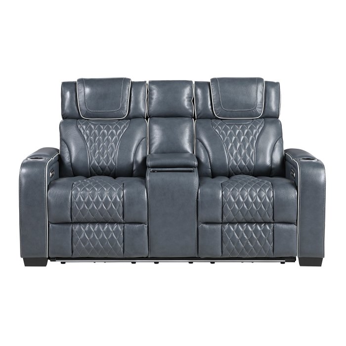 8449BU-2PWHM Power Double Reclining Love Seat with Center Console, Power Headrests, Storage Arms with Cup Holders, Wireless charger,  Air Massage and Heat, LED Lighting and Charging Ports