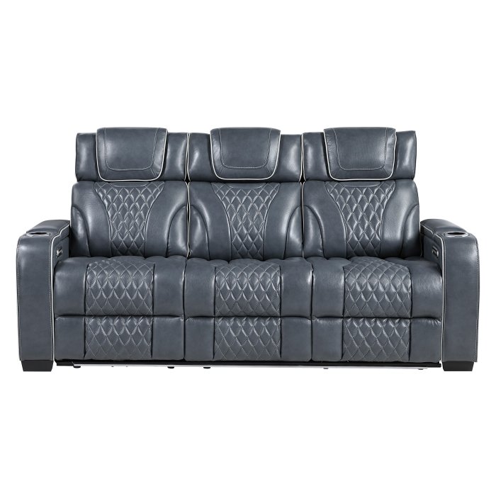 8449BU-3PWHM Power Double Reclining Sofa with Center Drop-Down Cup Holders, Power Headrests, Storage Arms with Cup holders, Reading Lights, Wireless Charger, Air Massage and Heat, LED Lighting and Charging Ports