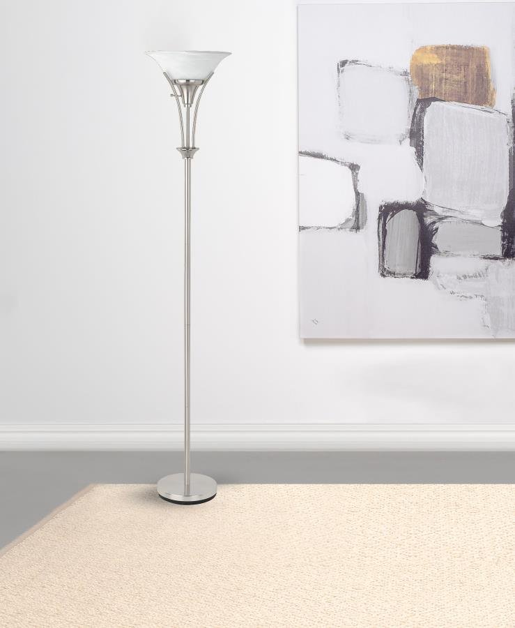 ARCHIE 71-INCH FROSTED TORCHIERE FLOOR LAMP BRUSHED STEEL - Image 2