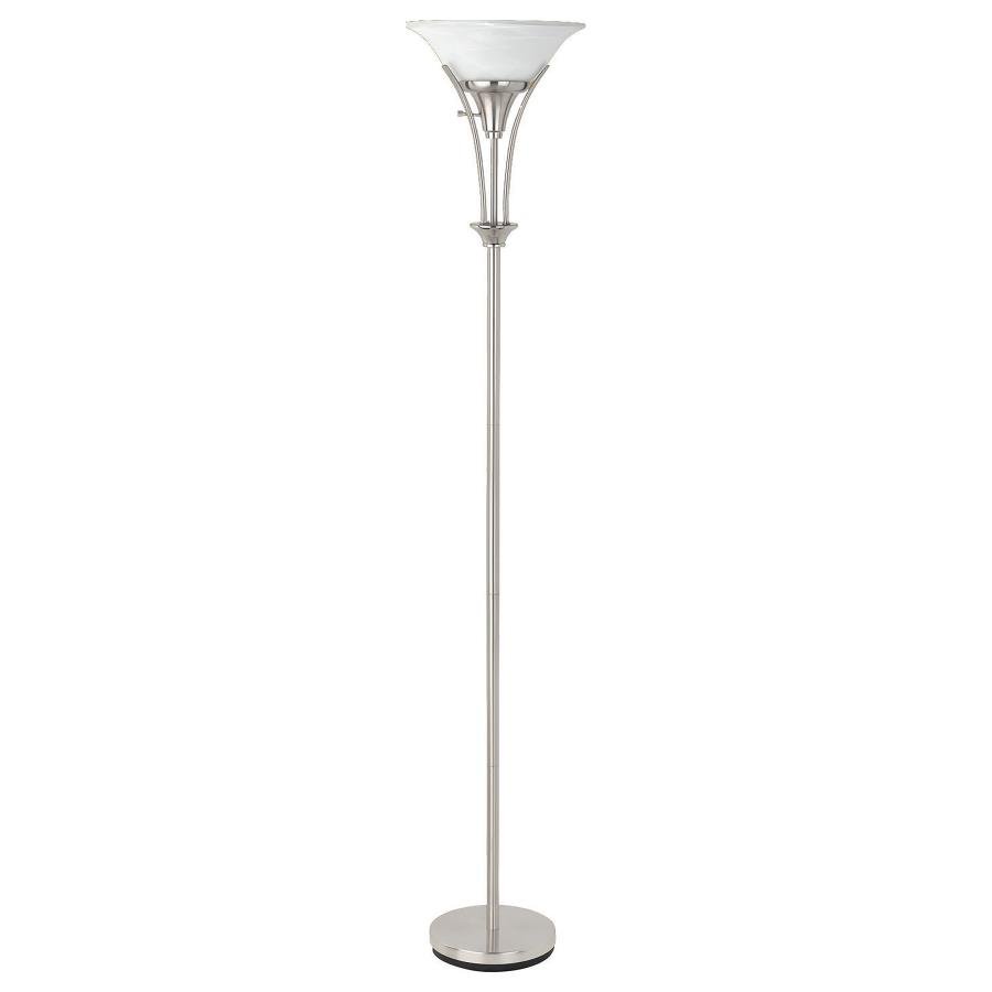 ARCHIE 71-INCH FROSTED TORCHIERE FLOOR LAMP BRUSHED STEEL