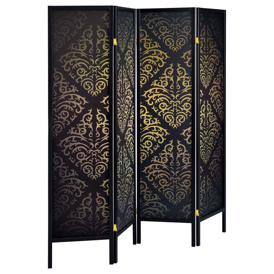 HAIDERA 4-PANEL ROOM DIVIDER FOLDING SCREEN BLACK DAMASK