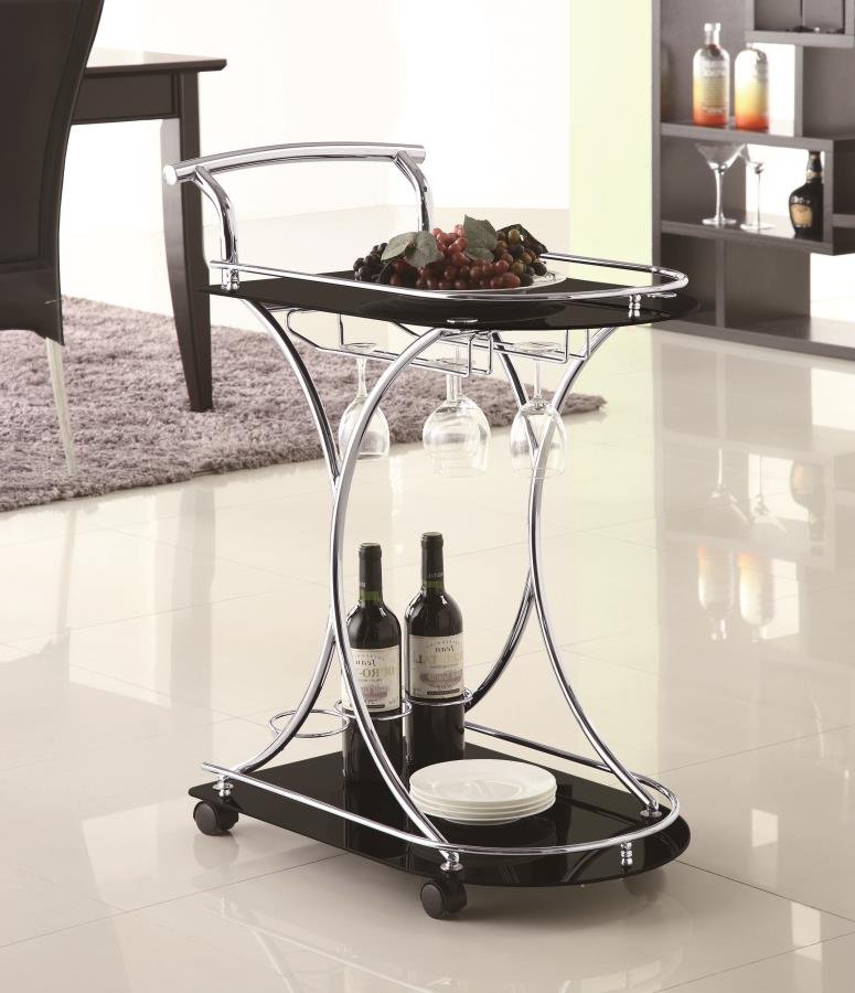 ELFMAN 2-TIER GLASS SHELF METAL BAR CART BLACK AND CHROME - Image 2