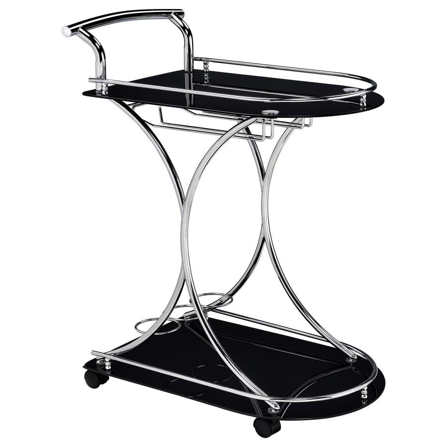 ELFMAN 2-TIER GLASS SHELF METAL BAR CART BLACK AND CHROME