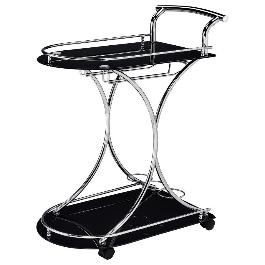 ELFMAN 2-TIER GLASS SHELF METAL BAR CART BLACK AND CHROME - Image 4
