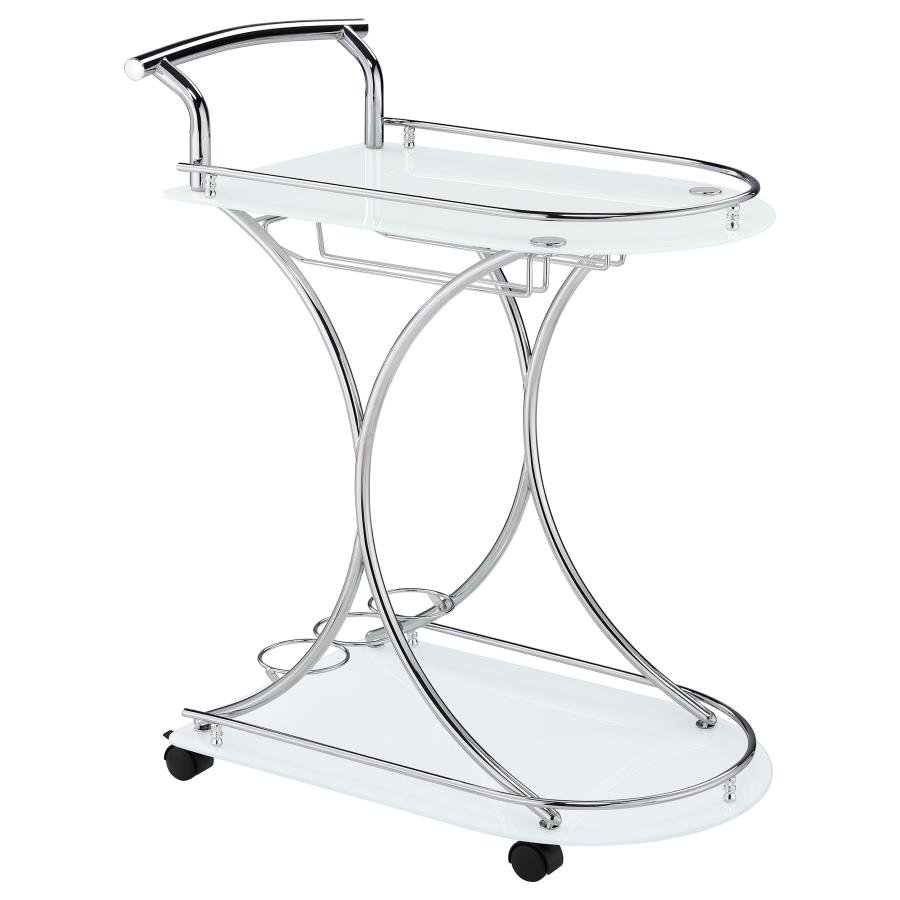 ELFMAN 2-TIER GLASS SHELF METAL BAR CART WHITE AND CHROME