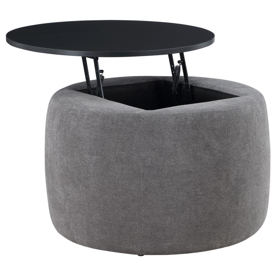 TESORO ROUND UPHOLSTERED LIFT TOP STORAGE OTTOMAN GREY