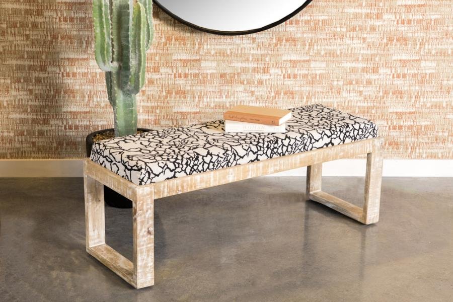 AIDEN FABRIC UPHOLSTERED ACCENT BENCH DISTRESSED WHITE - Image 2