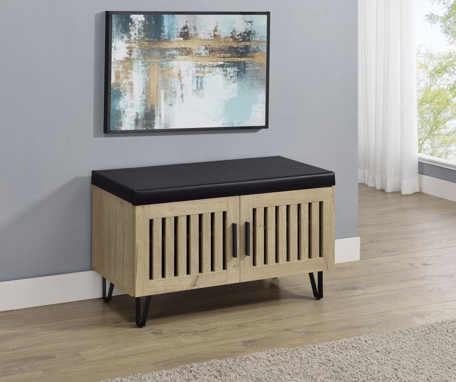 BRIXTON 2-DOOR PADDED ENTRYWAY SHOE STORAGE BENCH WHITE OAK - Image 2