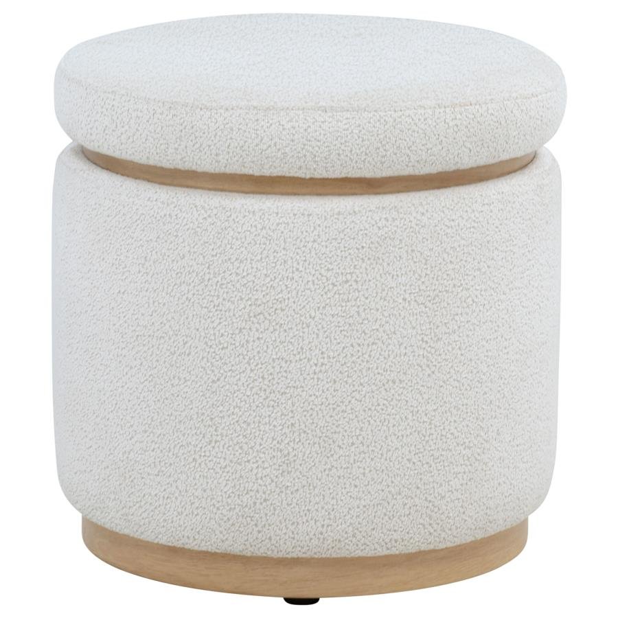 REMUDA BOUCLE UPHOLSTERED ROUND STORAGE OTTOMAN IVORY