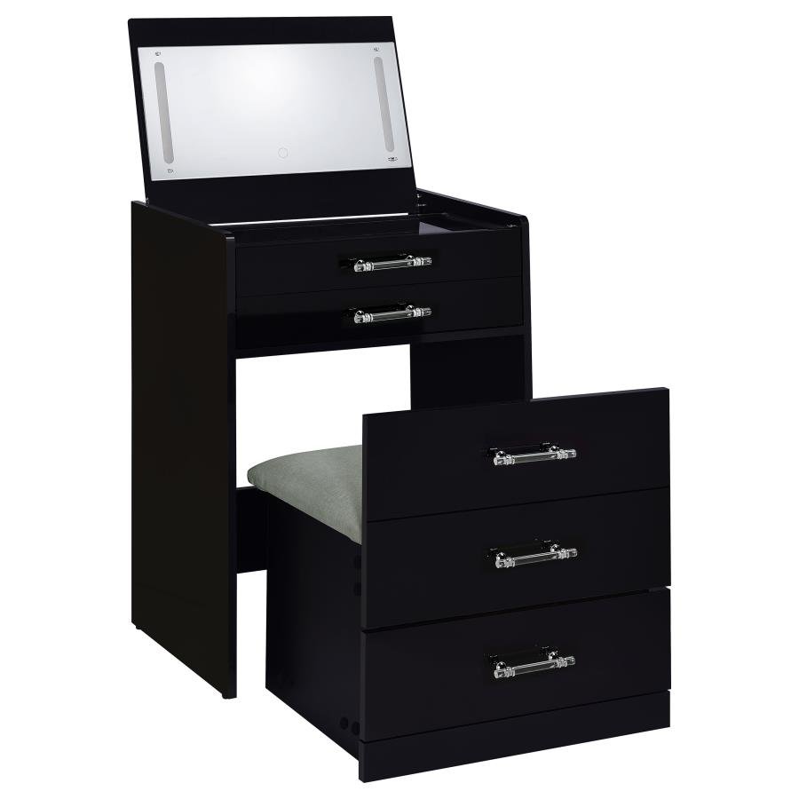 DANBURY 3-DRAWER MAKEUP VANITY & STOOL SET BLACK HIGH GLOSS