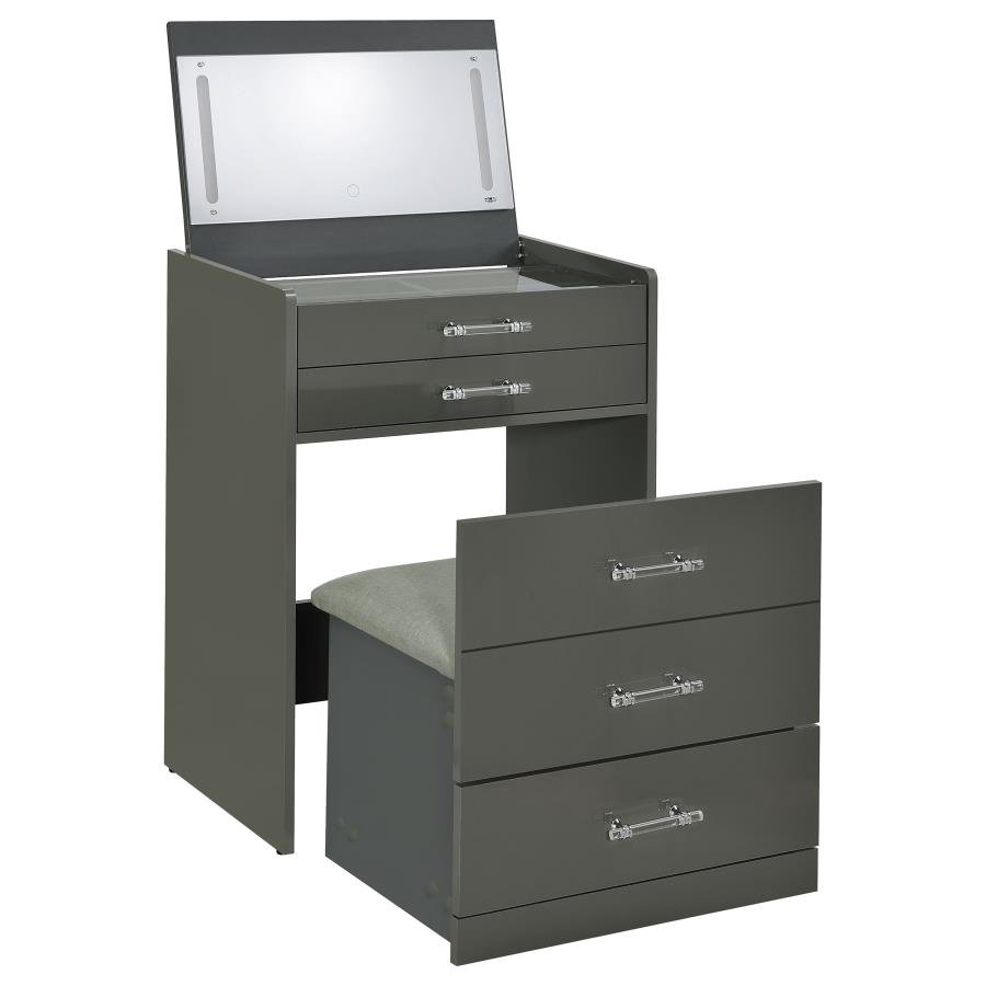 DANBURY 3-DRAWER MAKEUP VANITY & STOOL SET GREY HIGH GLOSS