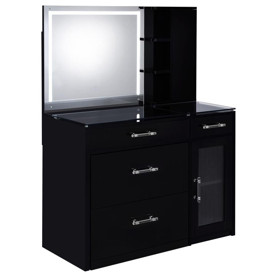 FLORA 2-DRAWER VANITY SET WITH LED MIRROR BLACK HIGH GLOSS