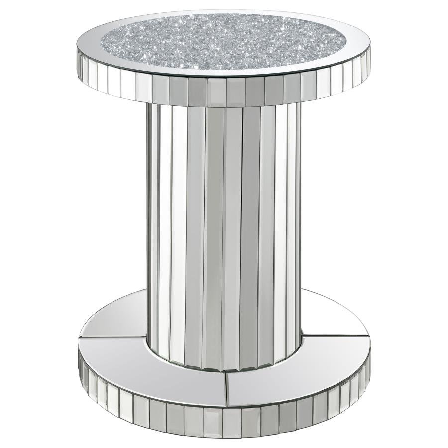 DORIELLE ROUND MIRRORED ACRYLIC CRYSTAL SIDE TABLE SILVER