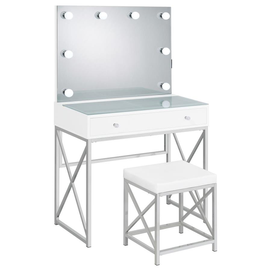 ELIZA VANITY SET WITH LIGHTING & STOOL WHITE AND CHROME