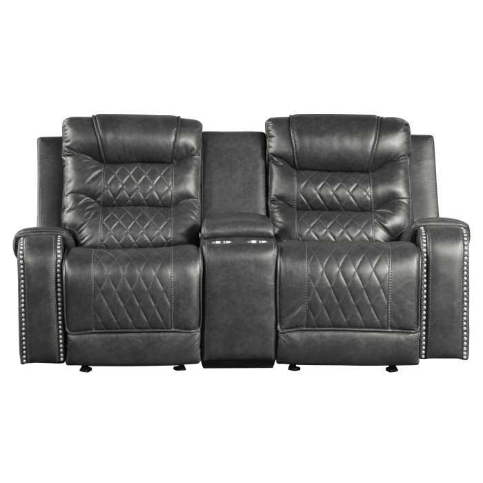 9405GY-2 Double Glider Reclining Love Seat with Center Console, Receptacles and USB Port
