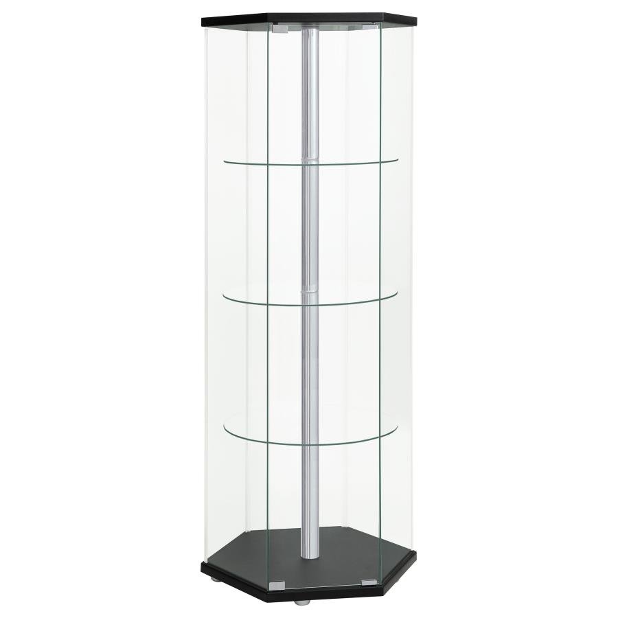 ZAHAVAH 4-SHELF HEXAGONAL CLEAR GLASS CURIO CABINET BLACK