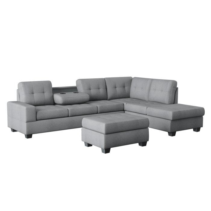 9507DGY*3OT 3-Piece Reversible Sectional with Drop-Down Cup Holders and Storage Ottoman