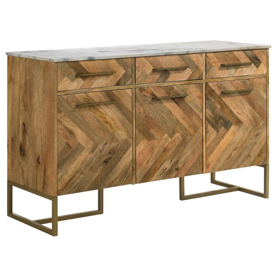 KEATON 3-DOOR MARBLE TOP HERRINGBONE ACCENT CABINET NATURAL