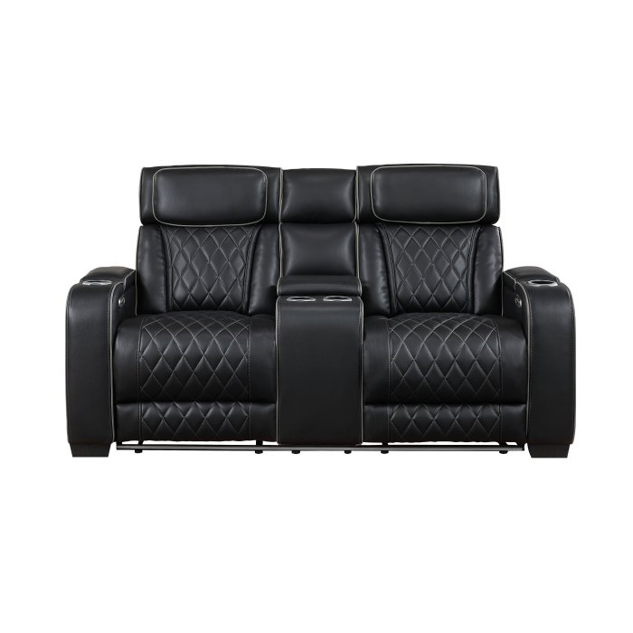 9516BLK-2PWH Power Double Reclining Love Seat with Center Console, Power Headrests, Storage Arms(Top and Side), Cup holders, Charging Ports and LED lighting
