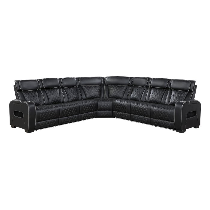 9516BLKS*33L3RPWH 3-Piece Power Reclining Sectional with Center Drop-Down Cup Holders, Power Headrests, Storage Arms(Top and Side), Cup holders, Charging Ports, Reading Lights, Wireless Chargers, Charging Ports and LED Lighting