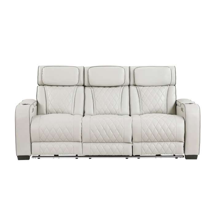 9516TPE-3PWH Power Double Reclining Sofa with Center Drop-Down Cup Holders, Power Headrests, Storage Arms(Top and Side), Cup holders and Reading Lights, Two Wireless Chargers, Charging Ports and LED Lighting